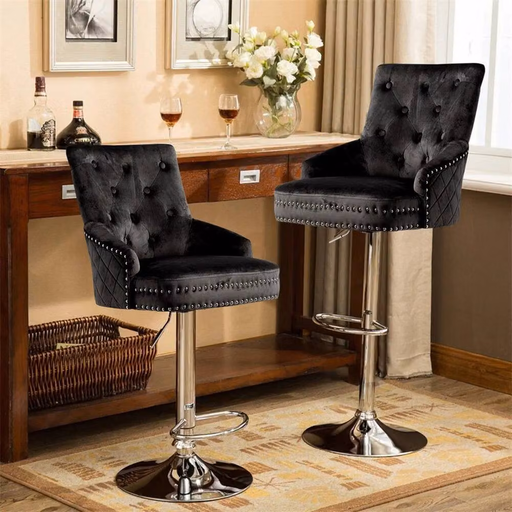SPETLEK Black Velvet Swivel Bar Stool with Armrests – 3