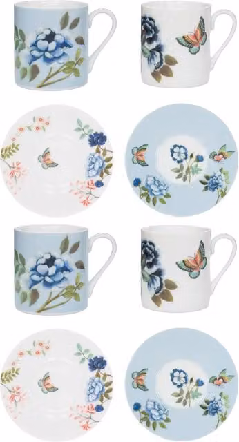 Designers Guild Multicolour Floral Porcelain De Chine Espresso Cup and Saucer Set of 4, 90ml Cup, Saucer Diameter: 12 cm