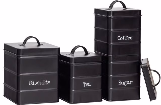 Harbour Housewares 4pc Metal Kitchen Canister Set in Black and Grey with Airtight Lids – 5