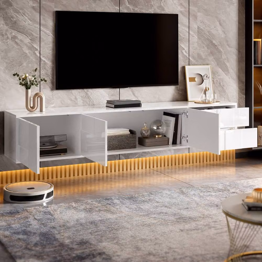 Merax Modern High Gloss White Wall Mounted TV Unit with 3 Doors and 2 Drawers, W/D/H: 167 x 30 x 30 cm – 5