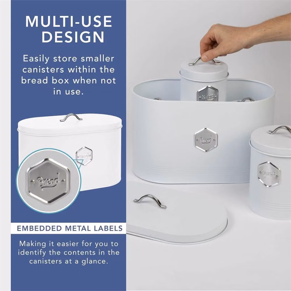 Nordara White Airtight and Leakproof Metal Kitchen Storage Canister 5-Piece Set, H: 30 cm, W: 15 cm – 3