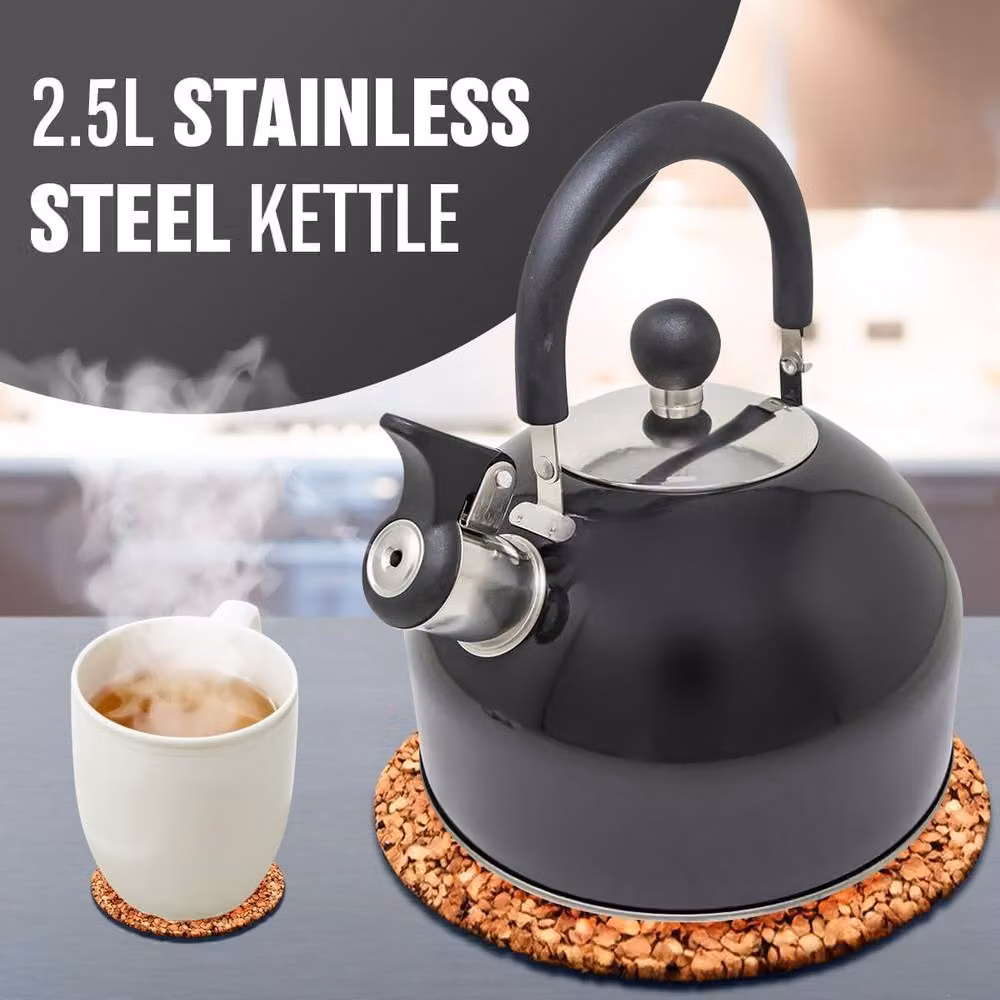 BARGAINS-GALORE 2.5l Stainless Steel Whistling Kettle with Black Phenolic Handle – 2