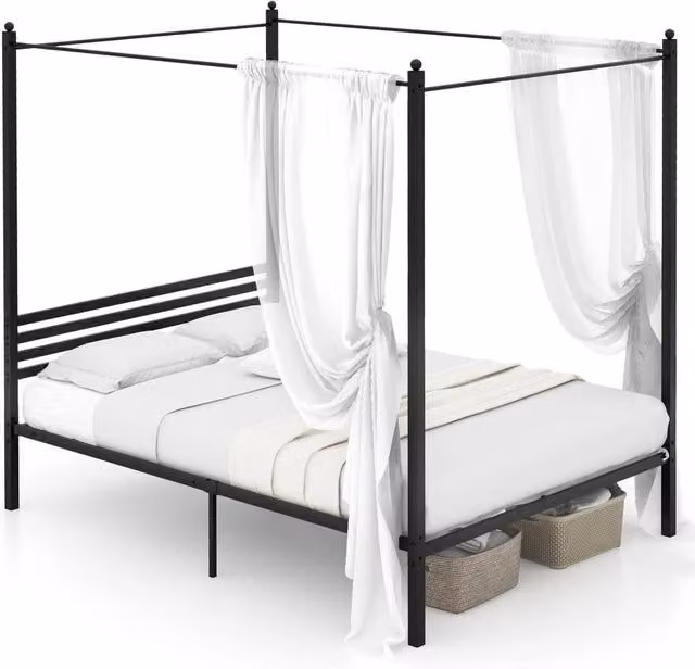 Costway Double Size Metal Canopy Bed Frame with Headboard in Black, W/D/H: 200 x 140 cm