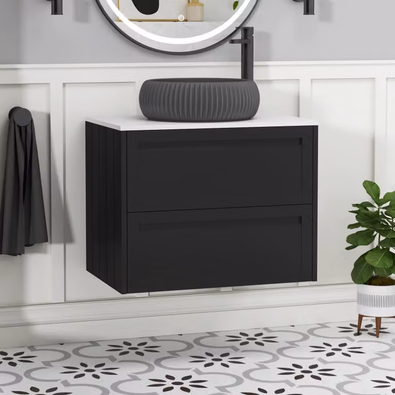Royal Bathrooms Elmore Wall Hung Vanity Unit with Milan Black Basin, Matt Nocturne Black and Plain White Worktop, Width: 70 cm