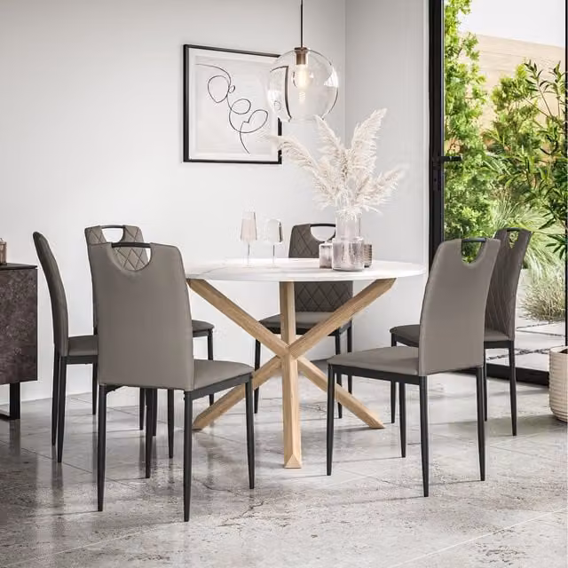 More4Homes Malvern Round Marble Effect Dining Table Set with 6 Monza Chairs in Grey and White