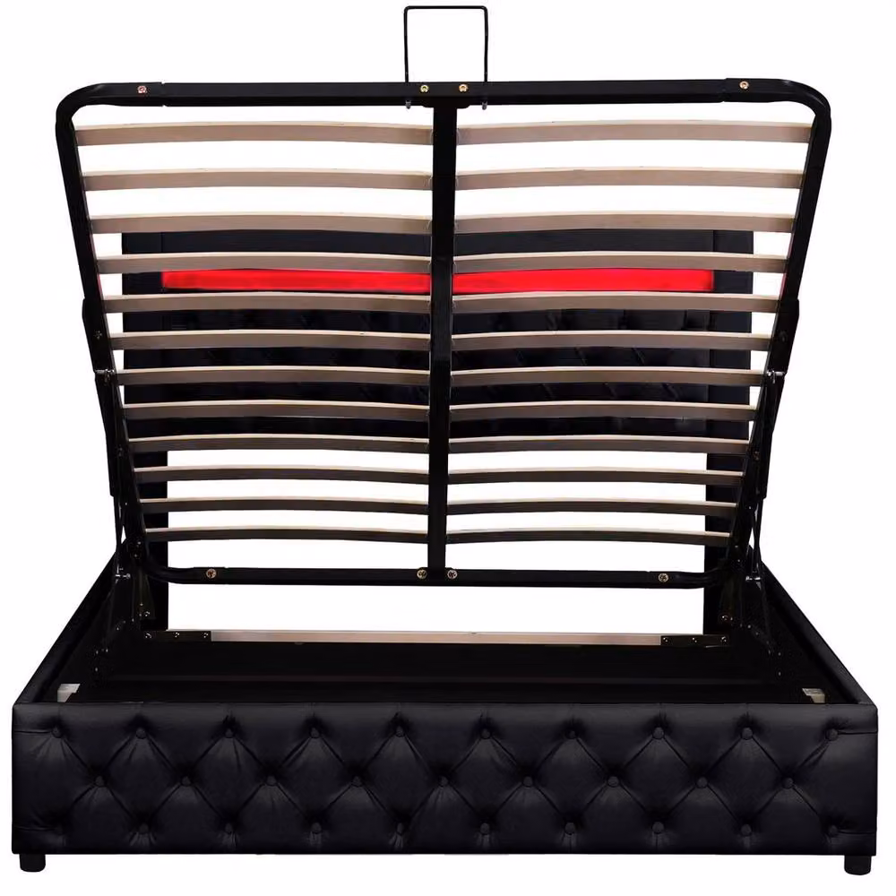 FORGEVIO Black Faux Leather Upholstered Cot Bed Frame with LED Under-Bed Lighting and Gas Lift Storage – 4