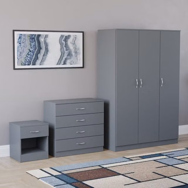 Vida Designs Riano 3 Piece Grey Bedroom Set with 4 Drawer Chest and 3 Door Wardrobe – 1