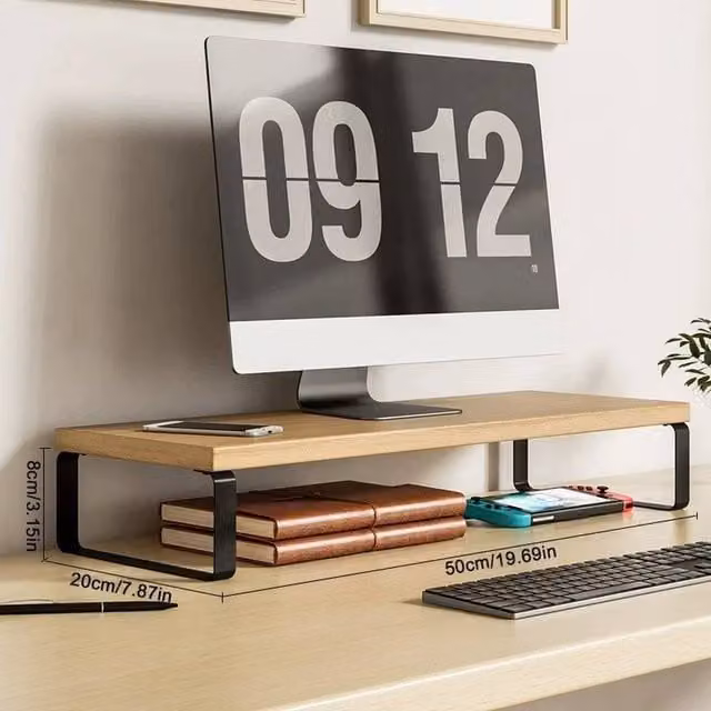 EONLION Black and Natural Wood Desktop Monitor Stand Screen Riser Shelf, Width: 100 cm – 1