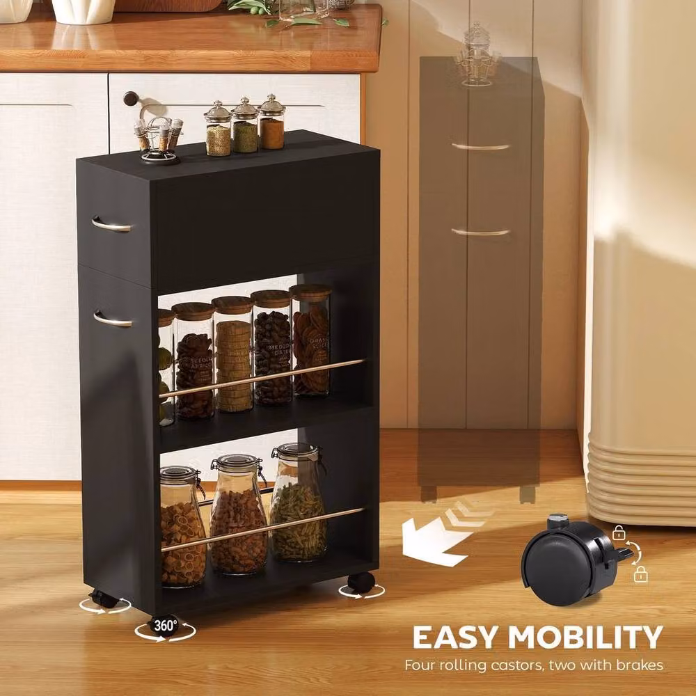 KORVIXA 3-Tier Modern Kitchen and Bathroom Trolley with Drawer in Matt Black – 5