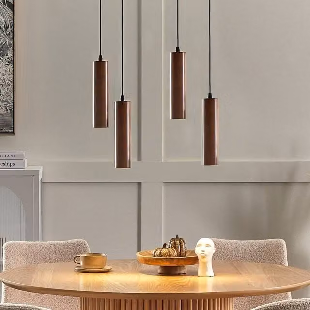 Wyld and Coco Industrial 4-Light Suspended Pendant Lamp with Brown Wood and Black Metal Shades