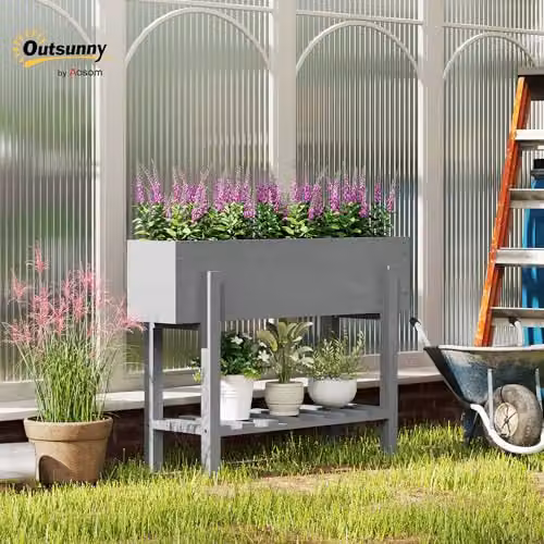 Outsunny Wooden Raised Garden Bed with Bed Liner and Storage Shelf, Grey, W: 100 cm, D: 30 cm, H: 71 cm – 2