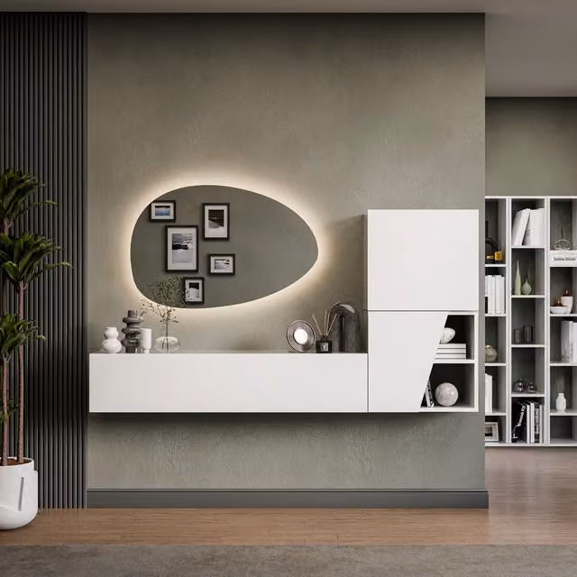 Decorotika Strasbourg Wall Mounted Entertainment Center in High Gloss White with Integrated Lighting