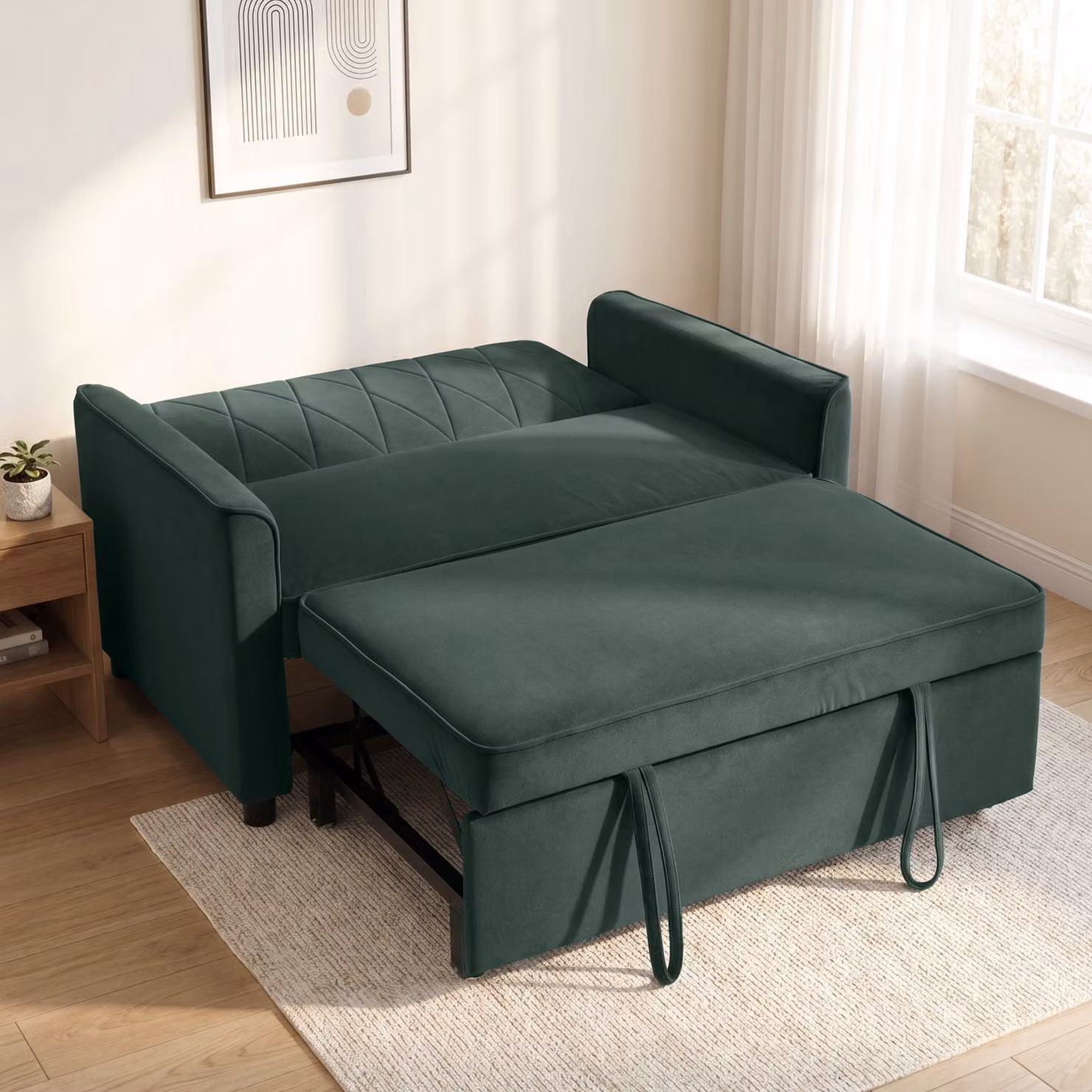 HOMCOM 2 Seater Convertible Velvet Sofa Bed with Click-Clack Adjustable Backrest, Dark Green – 8