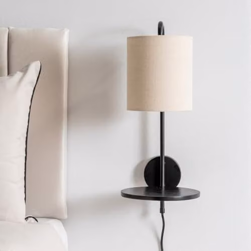 ValueLights Ryan Wall Lamp with Beige Linen Cylinder Shade, Black Metal Frame and Wooden Shelf, including LED Bulb – 3