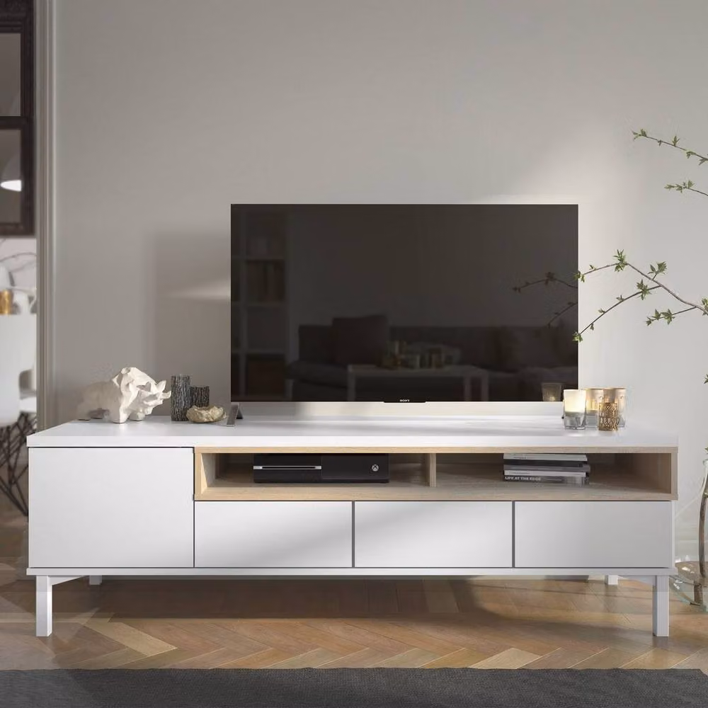 CALICOSY April White TV Unit with 1 Door, 3 Drawers and 2 Shelves, W: 156 cm, D: 48.25 cm, H: 48.2 cm – 2