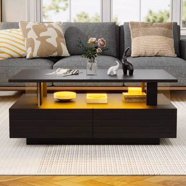 Rolipo Modern Black LED Coffee Table with 2 Drawers and Storage – 1