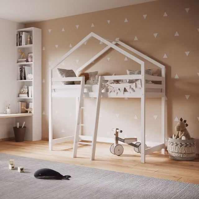 Flair Nook House Midsleeper Bed in White Solid Pine Wood