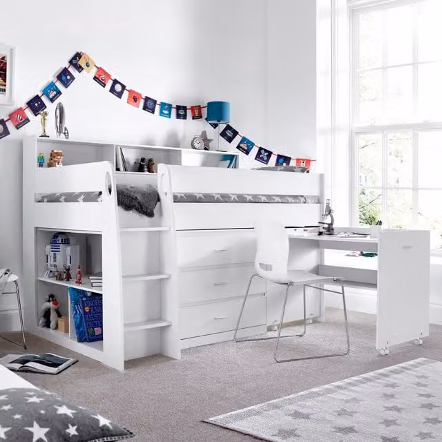 Bedmaster Ersa Mid Sleeper Bed with Desk and Spring Mattress in White