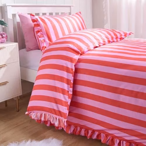 OHS Striped Reversible Single Duvet Cover and Pillowcase Set in Pink and Red, W/D/H: 135 x 200 cm, Pillowcase: 50 x 75 cm