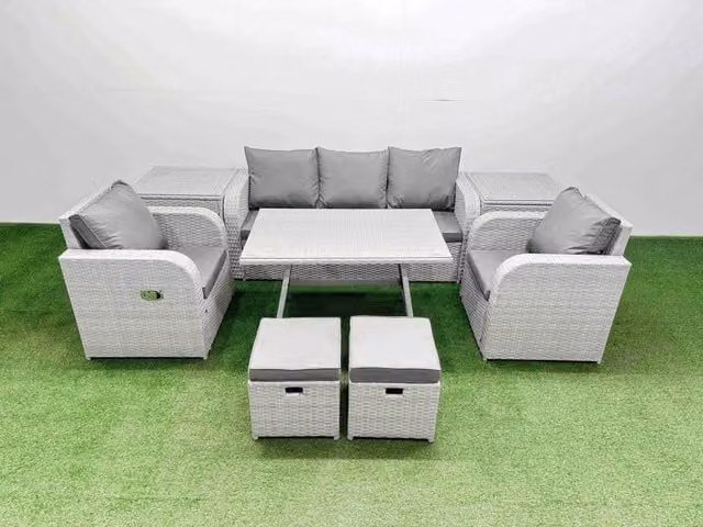 Fimous 3 Seat Reclining Chair and Dining Table Garden Furniture Set in Light Grey