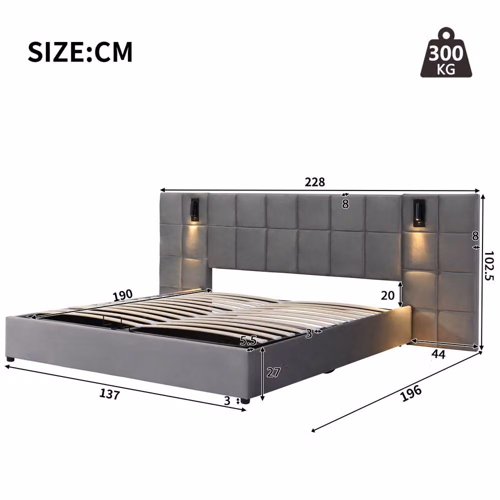 Matteo Grey Velvet Upholstered Double Bed with Hydraulic Storage, Integrated Reading Light and USB Charging Port, W/D/H: 140 x 200 cm – 5