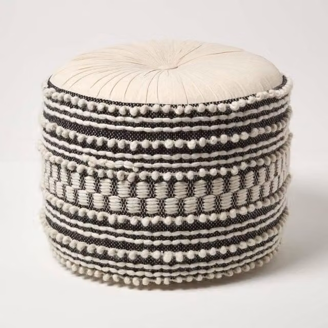 Homescapes Boho Cotton Macrame Pouffe in Black and White Geometric Design