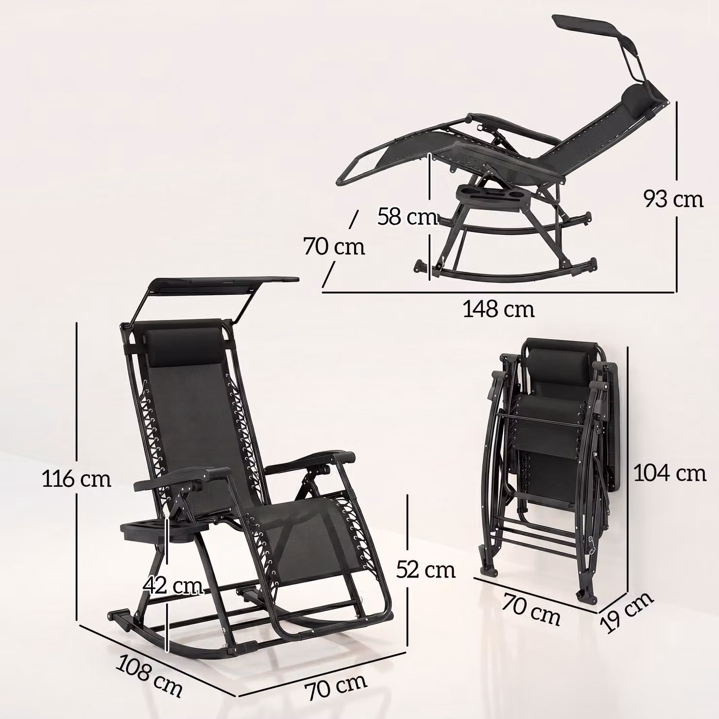 Outsunny Black Garden Rocking Chair Folding Recliner with Adjustable Headrest and Side Tray – 3