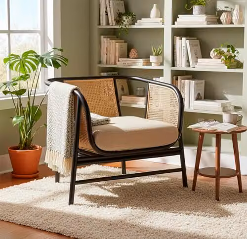 Desser Seoul Black Rattan Occasional Accent Armchair with Cream Boucle Cushion – 2