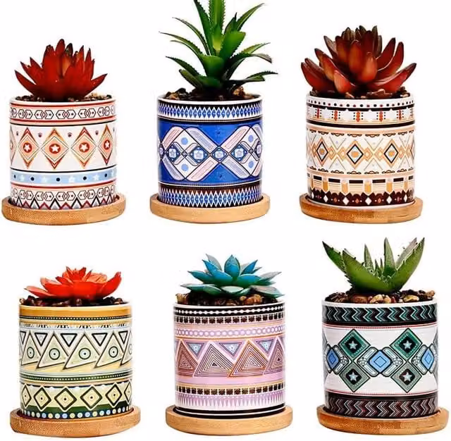 Simpa 6-Piece Multicolour Ceramic Plant Pots with Bamboo Bases and Geometric Natural Patterns