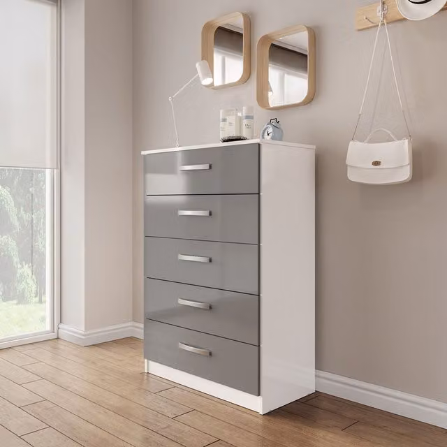 Birlea Modern Glossy 3 Drawer Chest in White, Grey and Silver