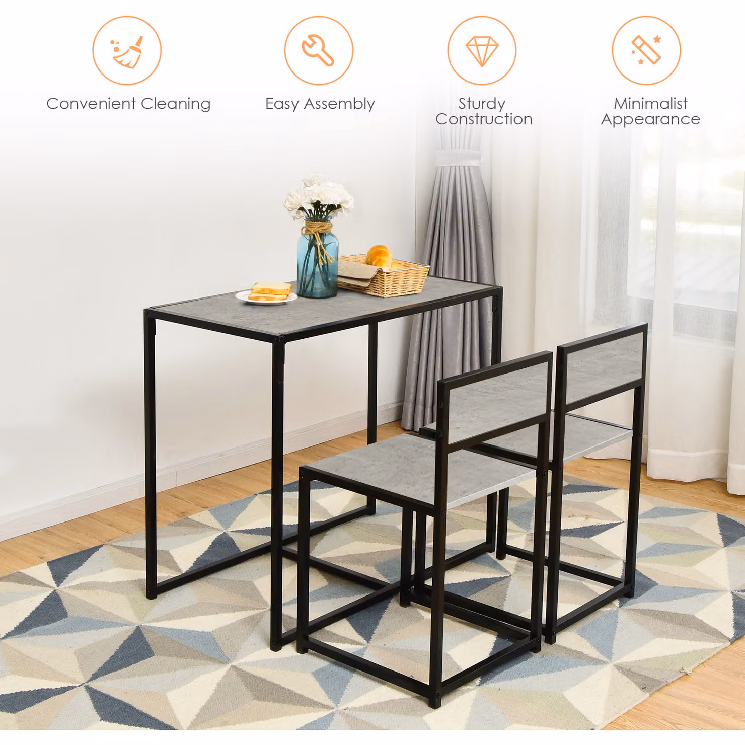 Costway 3 Piece Modern Dining Set in Grey with Rectangular MDF and Metal Table – 2
