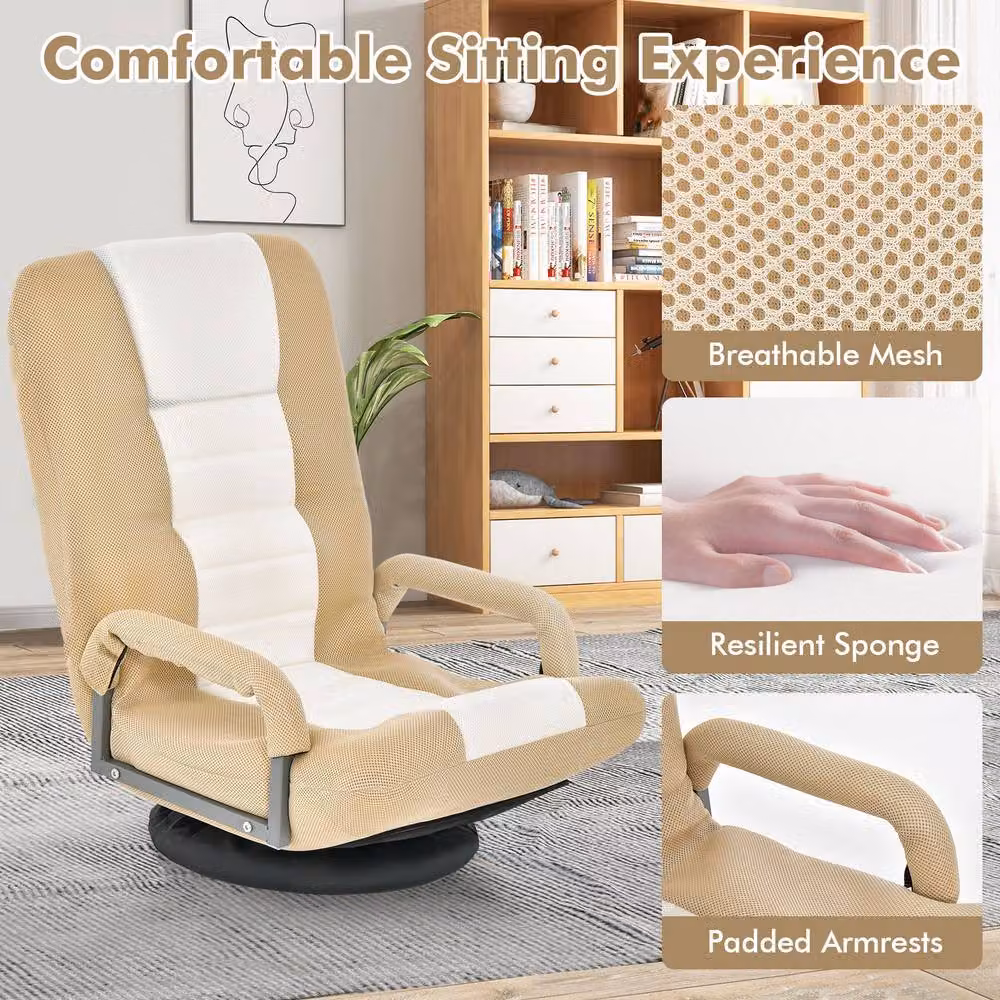 Costway Folding Floor Gaming Chair with 6-Position Adjustable Backrest in Beige Multicolour Fabric – 4