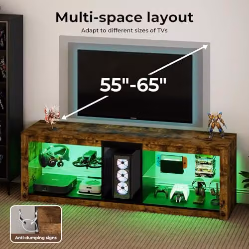 Levede Modern Brown TV Stand with RGB LED Lights and Glass Shelf, W: 140 cm, D: 47 cm, H: 47 cm – 7