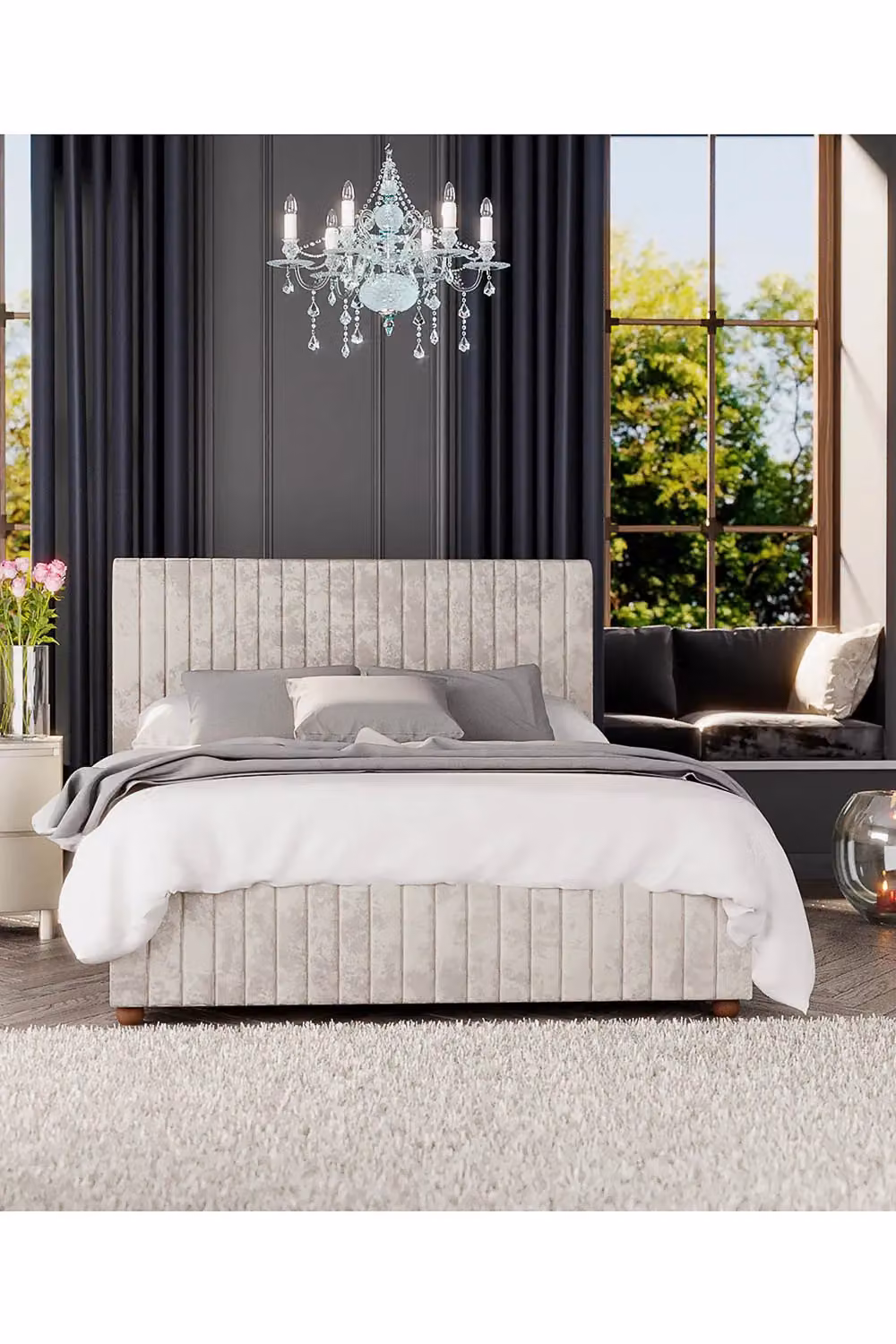 Laurence Llewelyn-Bowen Estella Ottoman Storage Bed in White Mirazzi Velvet Fabric, Size: Double (140 x 200 cm) – 4