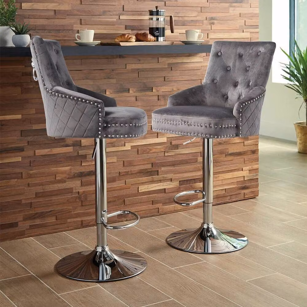 NESTLUNE Grey Velvet Swivel Bar Stool with Armrests – 3