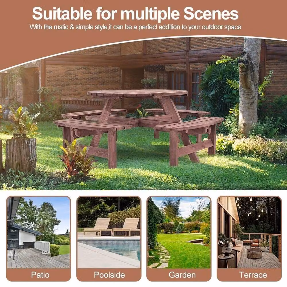 Hinsinc 8 Seater Wooden Round Picnic Table and Bench Set in Brown – 4