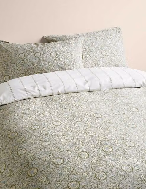 M&S Cotton Rich Fern Woodblock Floral Bedding Set, Green, 180 x 200 cm