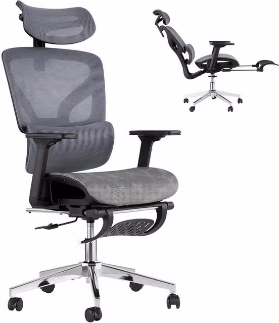 VOGREX Ergonomic Mesh Office Chair in Grey with Adjustable Armrests, Headrest and Seat Depth Adjustment