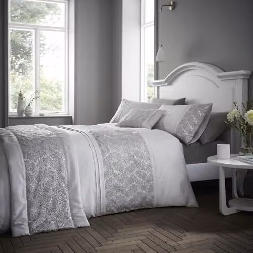 Portfolio Home Rouen Silver Geometric Embellished Sequins Double Duvet Cover and Pillowcase Set, W/D/H: 200 x 200 cm and 50 x 75 cm – 1