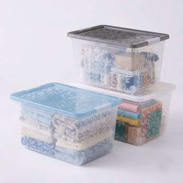 Storm Trading Group Elegant Jasmine Leaves 55L Storage Containers with Lids, Set of 6, Transparent