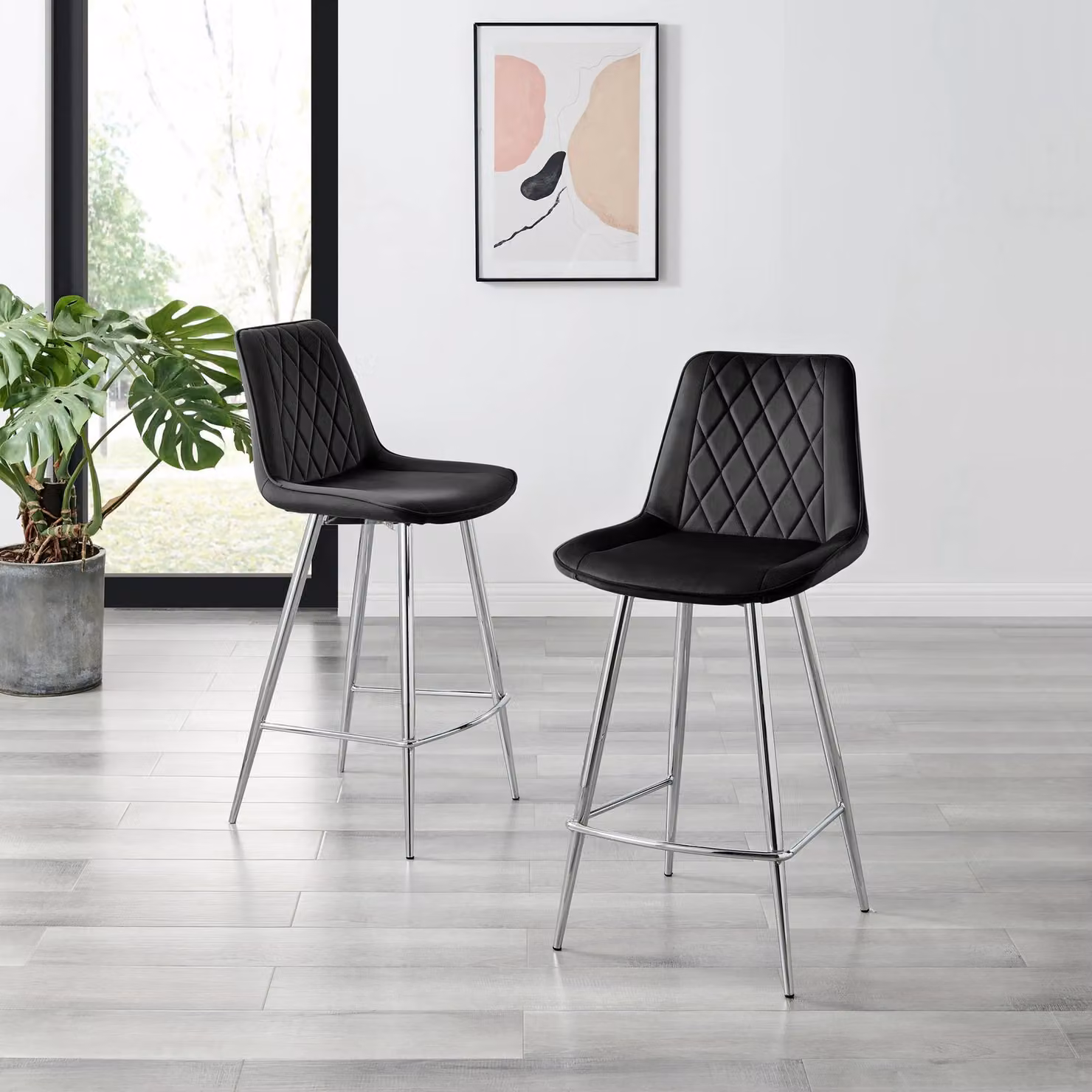 FurnitureboxUK Pesaro Set of 2 Black Velvet Counter Stools with Silver Metal Legs – 2