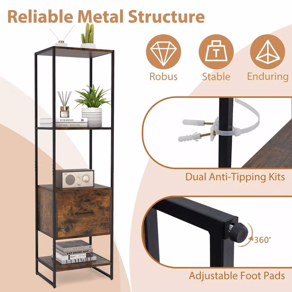 KORVIXA Industrial Metal Shelving Storage Organiser for your Living Room, Brown, W: 100 cm, H: 160 cm – 3