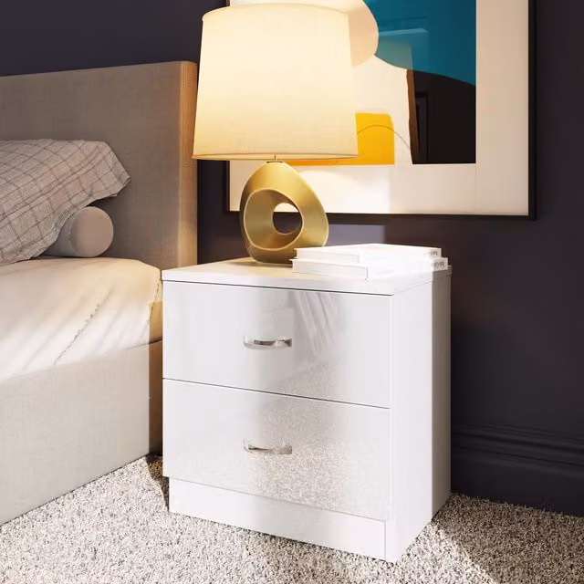 FWStyle Chilton 2 Drawer Bedside Table Chest in White Gloss, H 46 x W 45 x D 40 cm