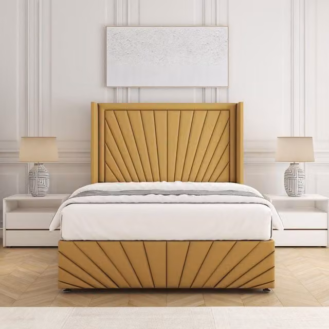 BSSPOKE Nola Plush Velvet Divan Bed Set with 54 inch Headboard and Mattress in Mustard Yellow, King Size, W/D/H: 180 x 137.16 x 3 cm