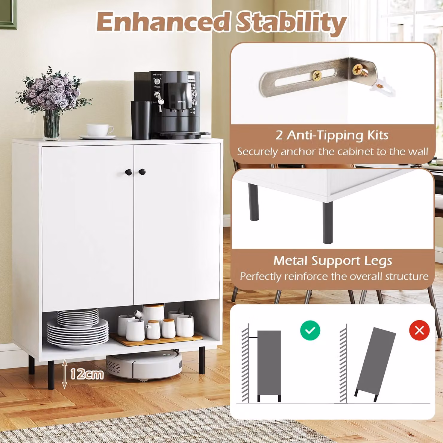 Costway Modern 2-Door Sideboard Buffet Cabinet and Kitchen Storage Unit in White – 3