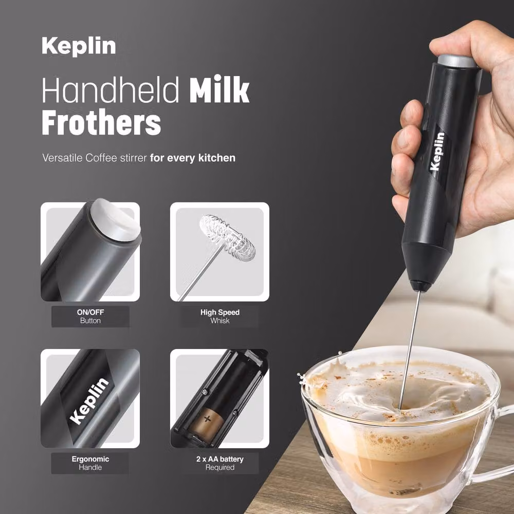 Keplin Battery Operated Handheld Milk Frother with Stand, Stainless Steel Electric Whisk in Black – 4