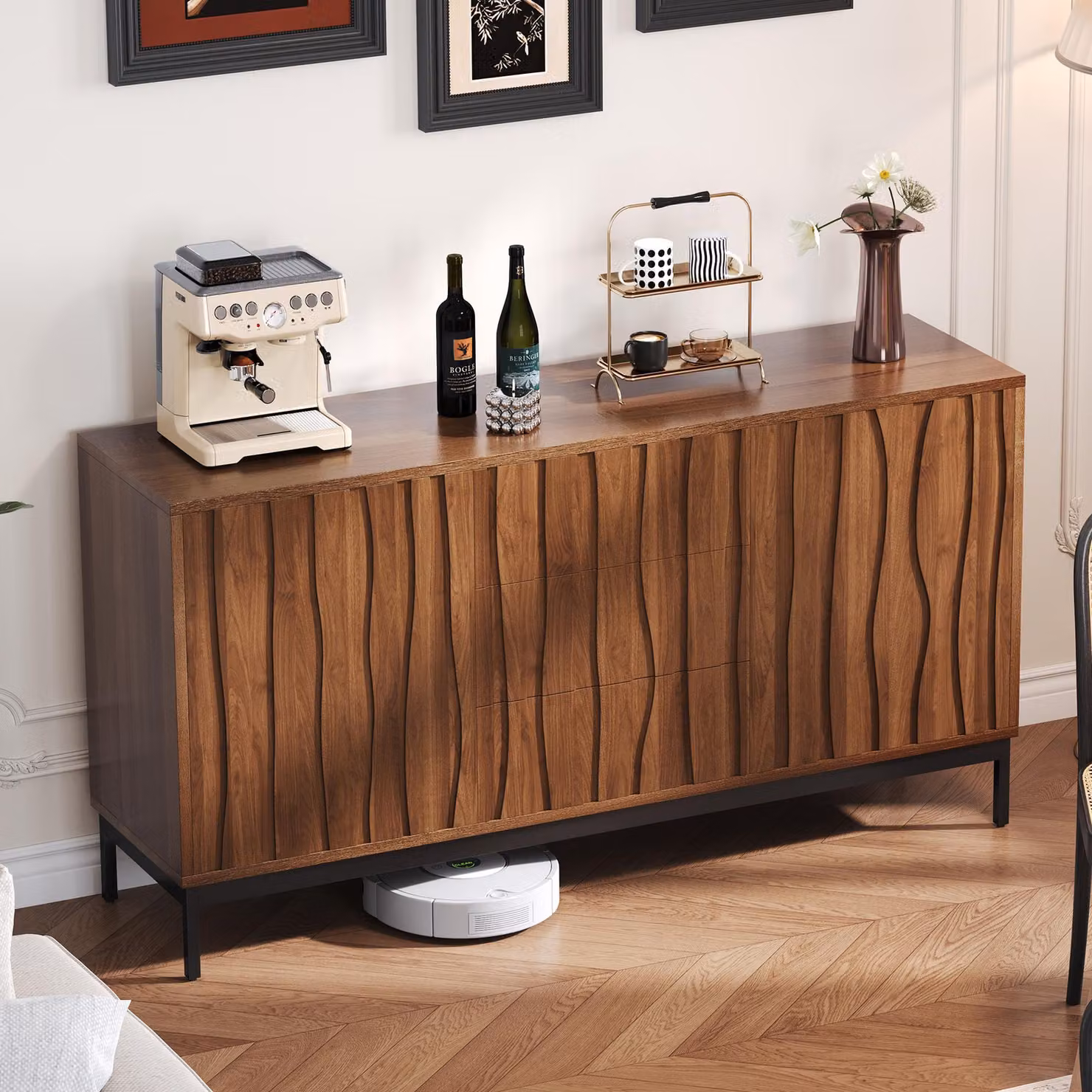 Aosom UK Mid-Century Modern Sideboard with Abstract Design in Brown and Black, W: 150 cm, D: 40 cm, H: 80 cm – 6
