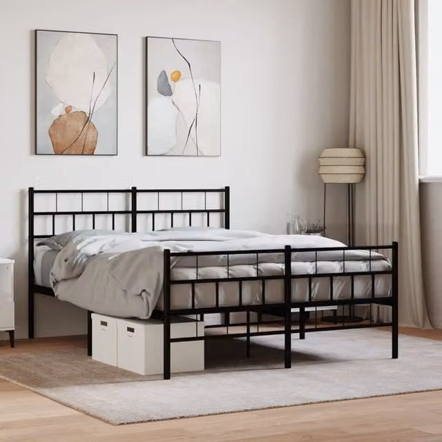 Berkfield Home Metal Bed Frame with Headboard and Footboard in Black, W/D/H: 150 x 200 cm
