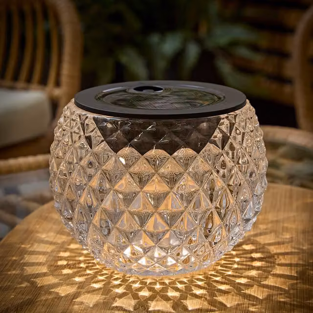 ValueLights Solar Powered Outdoor Diamond Pattern Glass Table Lamp in Clear and White