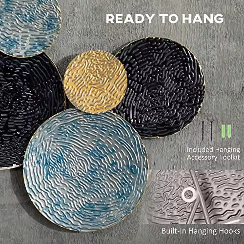 HOMCOM Modern Geometric 3D Metal Wall Art, Round Abstract Hanging Sculpture in Blue, Black and Gold, W/D/H: 133 x 66 x 50.8 cm – 3